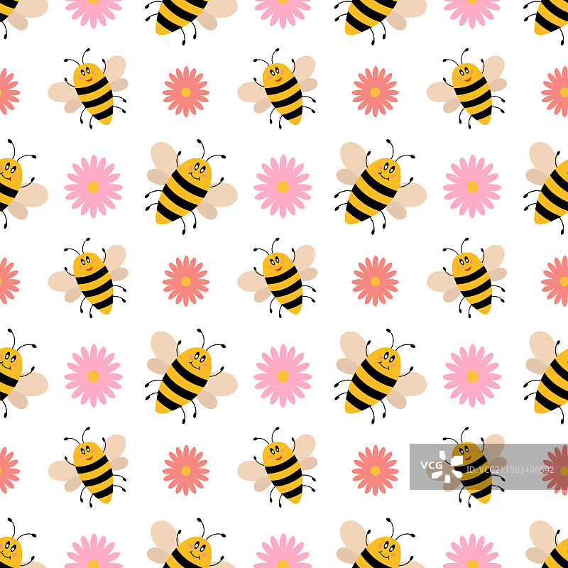 可爱的蜜蜂和鲜花无缝图案图片素材