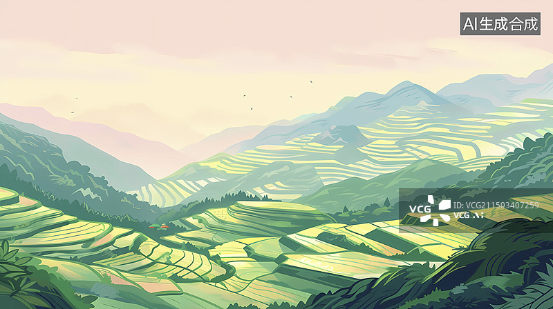 【AI数字艺术】粉绿色传统梯田插画海报背景图片素材