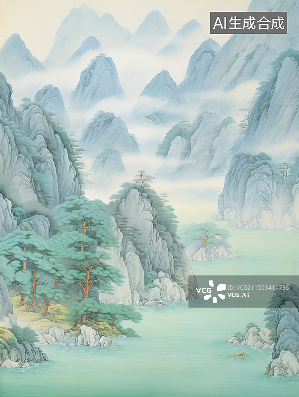 【AI数字艺术】中国古代山水意境水墨画图片素材