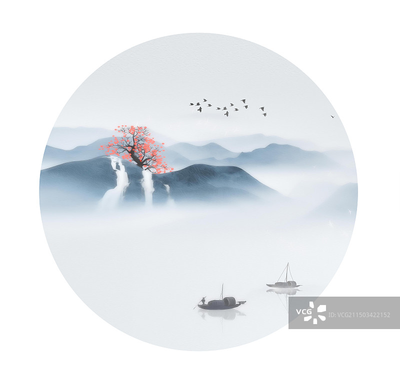 手绘中国风圆形水墨意境山水画图片素材