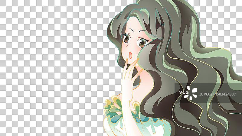 捂嘴面露吃惊的长发美女，清新卡通插画元素图片素材