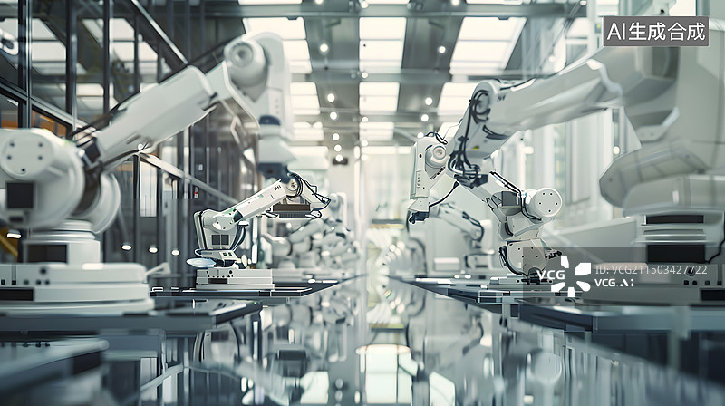 【AI数字艺术】现代自动化工厂工业机械臂插画背景图片素材