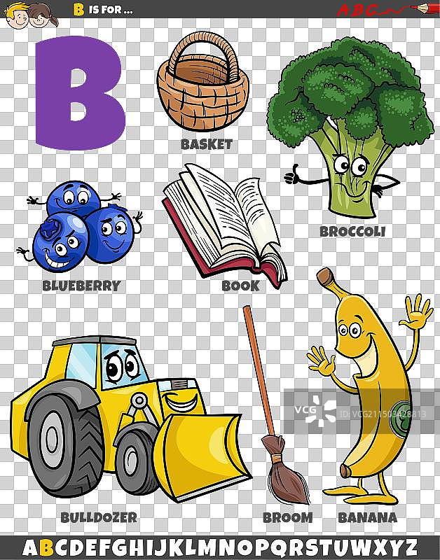 带有卡通物体和人物的字母B图片素材