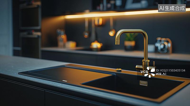 【AI数字艺术】现代智能家居设计——轻奢风厨房水槽与龙头设计图片素材