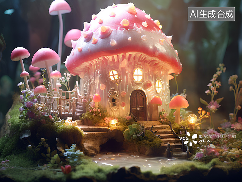 【AI数字艺术】可爱的粉色卡通蘑菇小屋图片素材