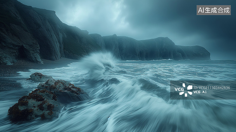 【AI数字艺术】海岸边浪花冲刷着礁石图片素材