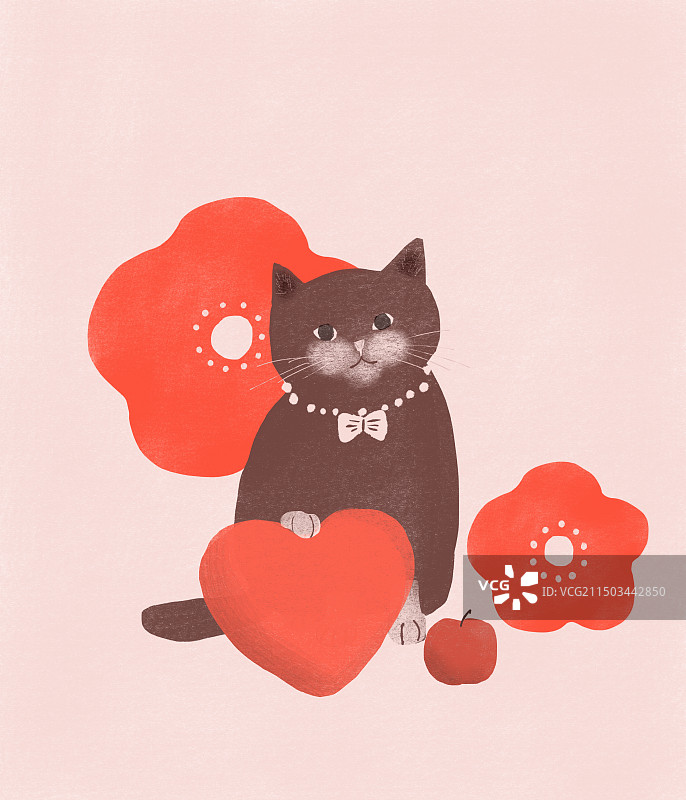 红花旁边手抱红色爱心的可爱猫咪插画图片素材