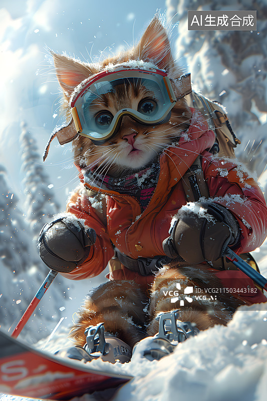 【AI数字艺术】一只拟人化小猫正在滑雪图片素材