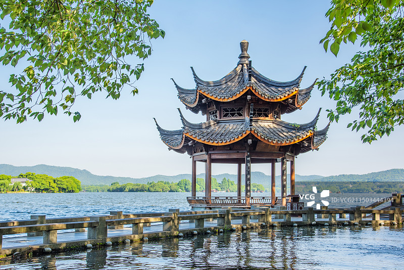 西湖 夕影亭 长桥 双投桥 园林建筑景观 古亭 杭州 杭州西湖 景点 西湖美景 西湖风光 江南园林图片素材