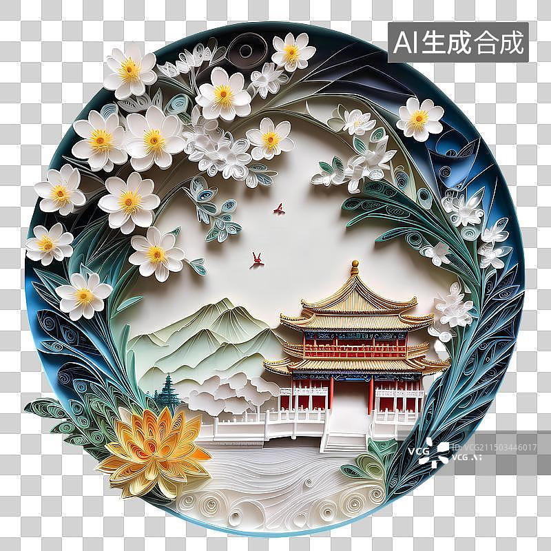 【AI数字艺术】衍纸艺术，纸雕剪纸风格中式古代建筑与鲜花，免抠元素图片素材