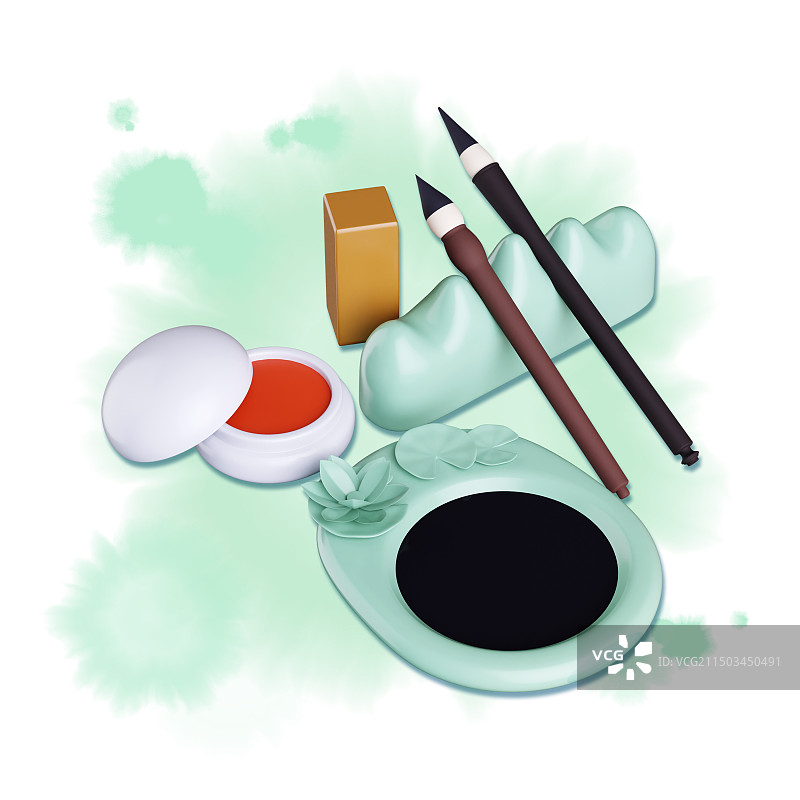 三维立体毛笔砚台笔架印章印泥插画图片素材
