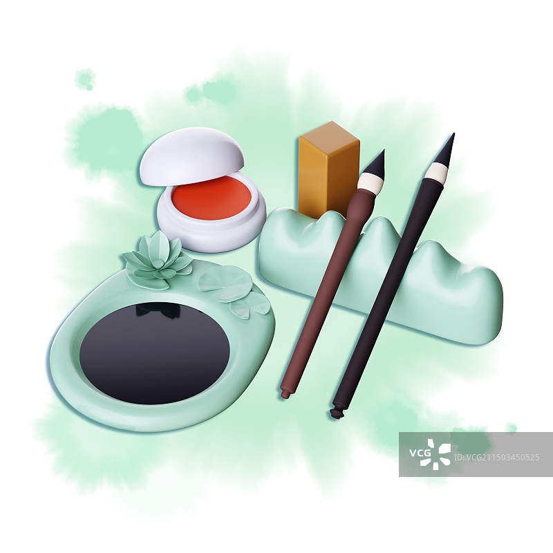 三维立体毛笔砚台笔架印章印泥插画图片素材