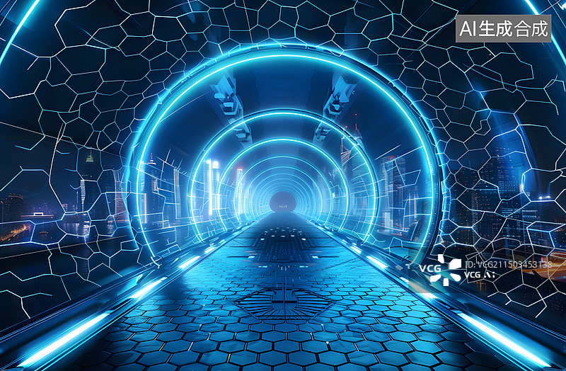 【AI数字艺术】城市建筑夜景风光，科技感的建筑空间图片素材