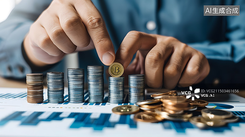 【AI数字艺术】商人在桌上堆硬币，手与硬币的特写图片素材