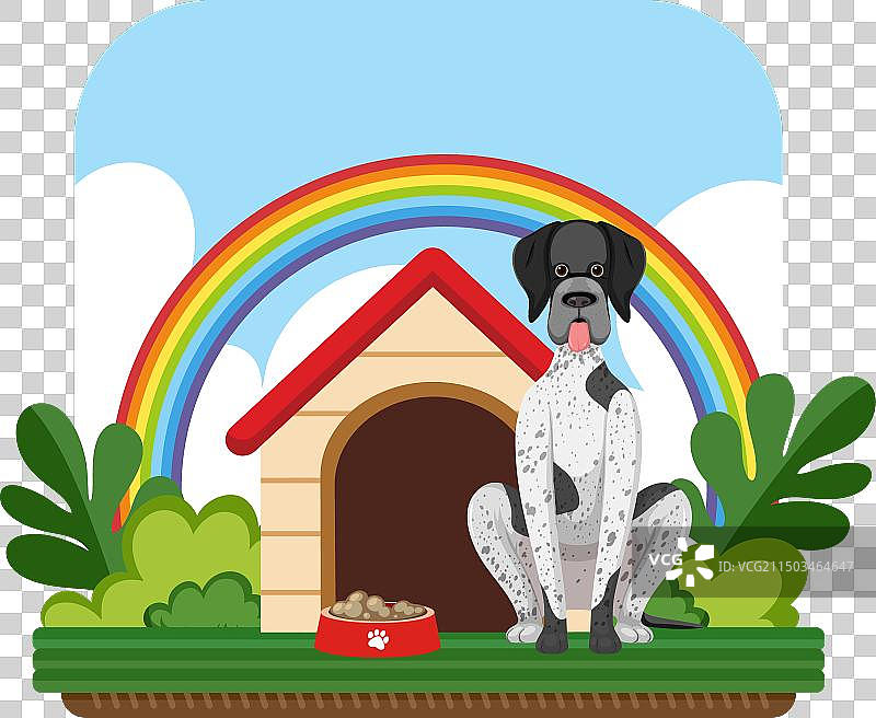 可爱的狗狗在狗屋前享受美食图片素材