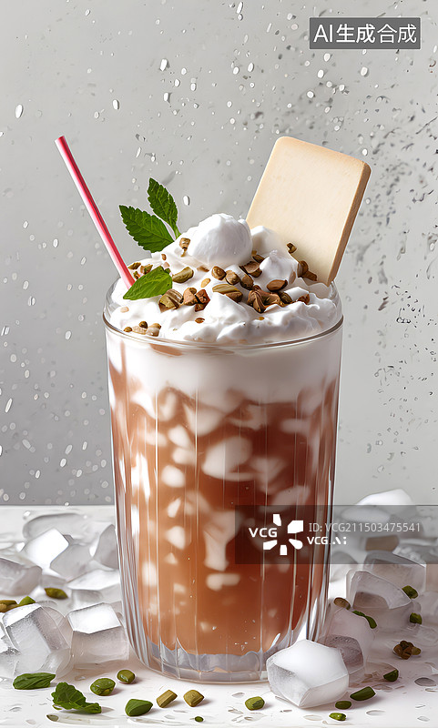 【AI数字艺术】桌子上玻璃杯子里的冰淇淋特写镜头图片素材