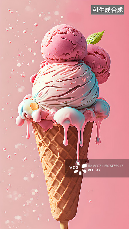 【AI数字艺术】粉红色背景下的冰淇淋特写插画图片素材