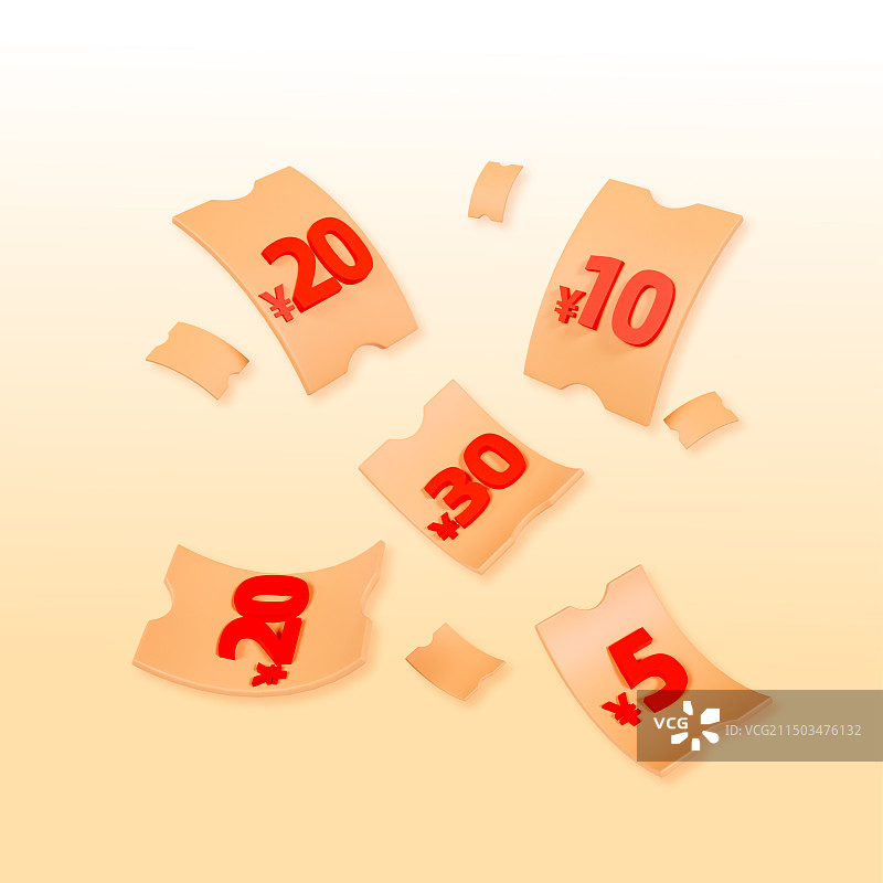 3D立体渲染的电商优惠券购物券618双十一春节促销插画图片素材