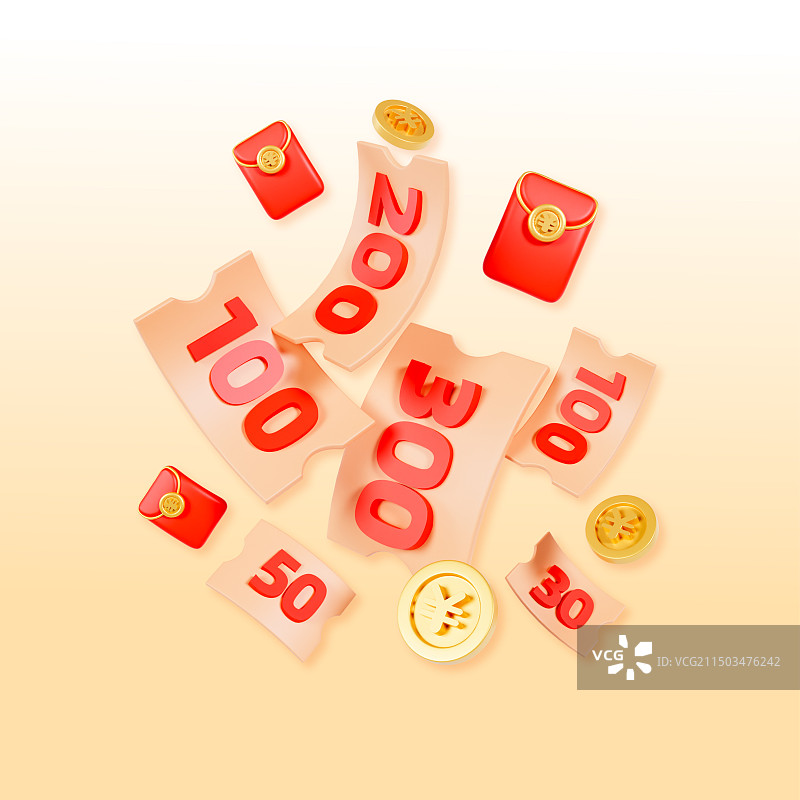3D立体渲染的电商优惠券购物券618双十一春节促销插画图片素材