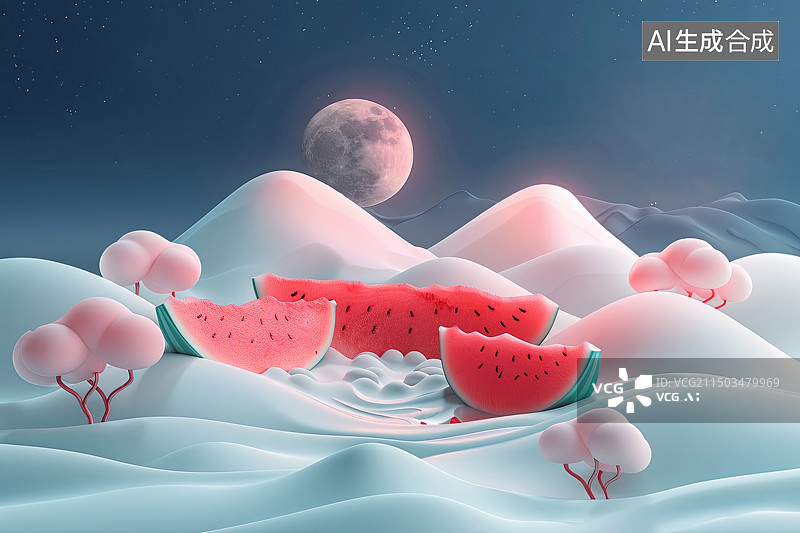 【AI数字艺术】鲜红多汁的西瓜在白色极地冰的世界，夏天节气概念图片素材
