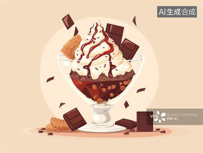 【AI数字艺术】白色背景下的巧克力冰激凌甜品插画图片素材