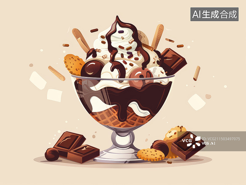 【AI数字艺术】白色背景下的巧克力冰激凌甜品插画图片素材