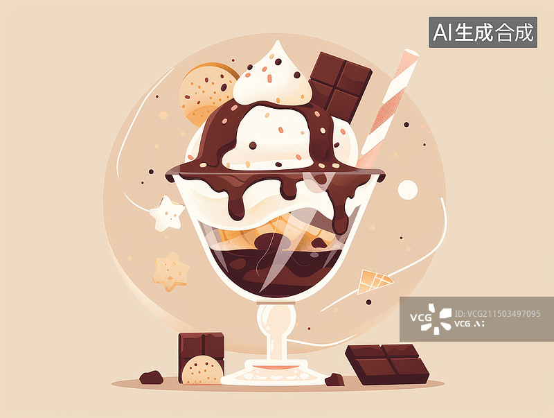 【AI数字艺术】白色背景下的巧克力冰激凌甜品插画图片素材