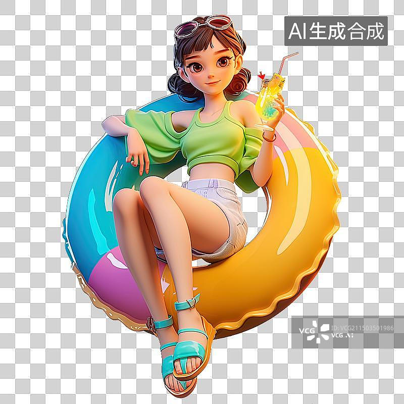 【AI数字艺术】清新可爱少女坐彩色泳圈享受夏日饮品时光图片素材