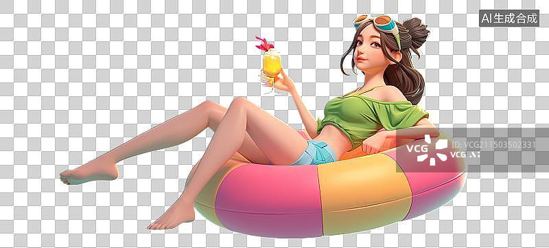 【AI数字艺术】清新可爱少女坐彩色泳圈享受夏日饮品时光图片素材