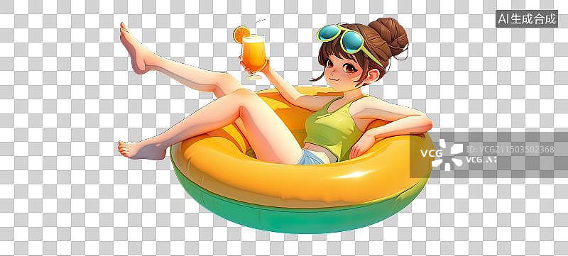 【AI数字艺术】清新可爱少女坐彩色泳圈享受夏日饮品时光图片素材