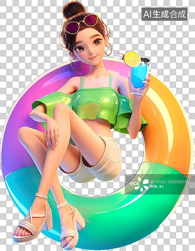 【AI数字艺术】清新可爱少女坐彩色泳圈享受夏日饮品时光图片素材