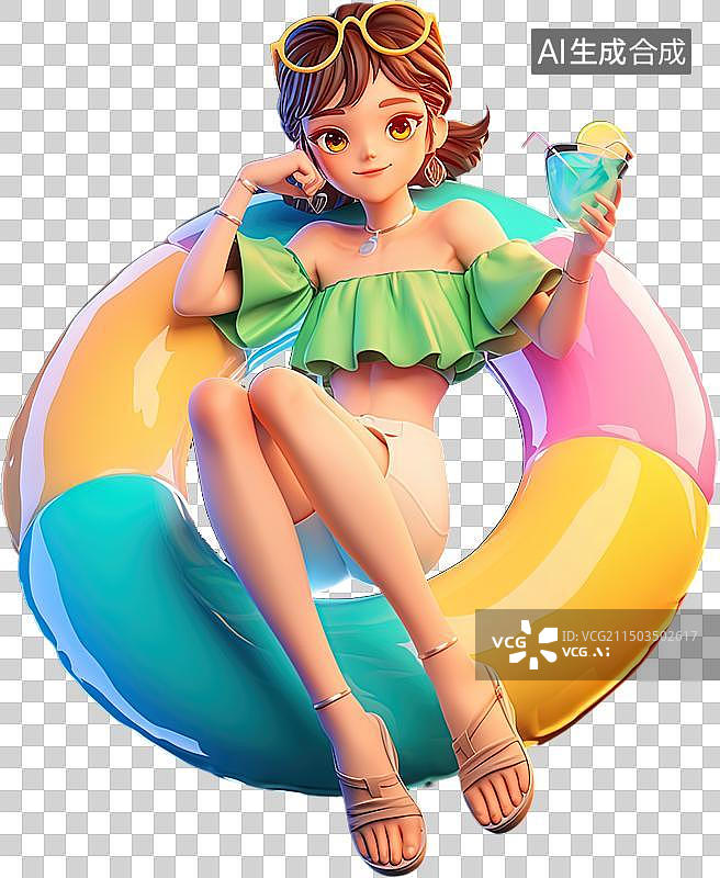 【AI数字艺术】清新可爱少女坐彩色泳圈享受夏日饮品时光图片素材