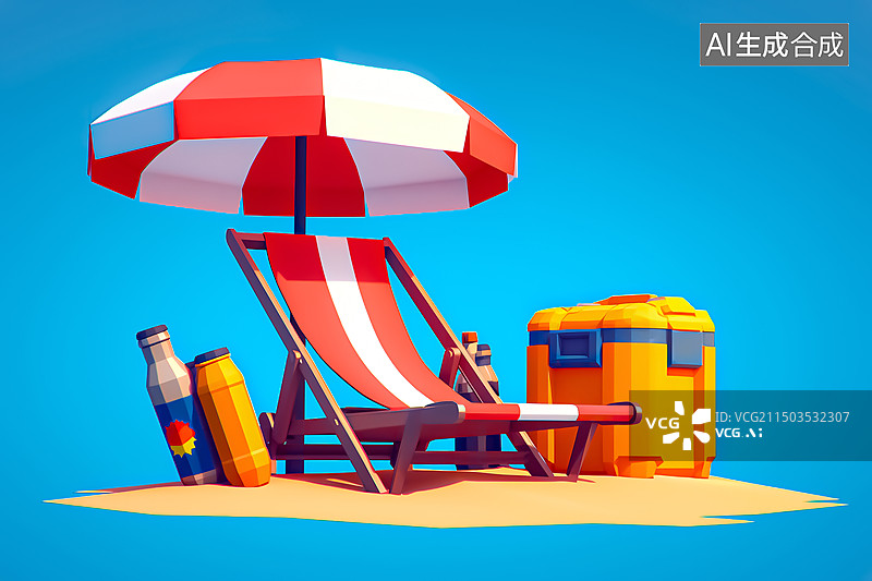 【AI数字艺术】海滩上沙滩椅和遮阳伞小景图片素材