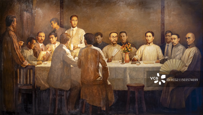 《曙光》中国共产党第一次全国代表大会油画 上海历史博物馆图片素材