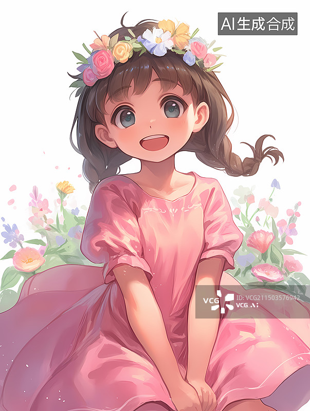【AI数字艺术】可爱的小女孩头戴花环面对镜头开心微笑展现少女天真烂漫的笑容图片素材