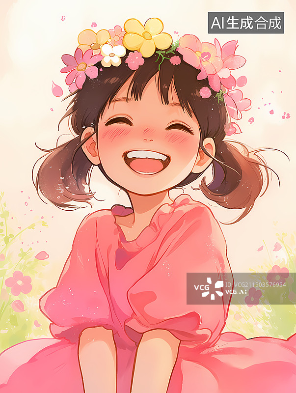 【AI数字艺术】可爱的小女孩头戴花环面对镜头开心微笑展现少女天真烂漫的笑容图片素材