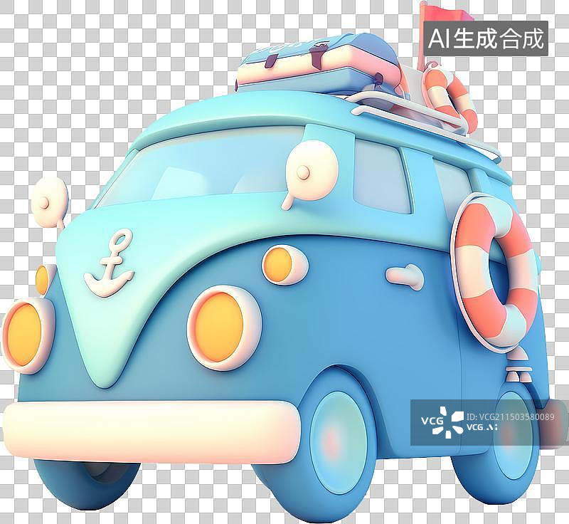 【AI数字艺术】可爱的观光旅游蓝色小巴士3D黏土C4D图标icon免抠元素图片素材