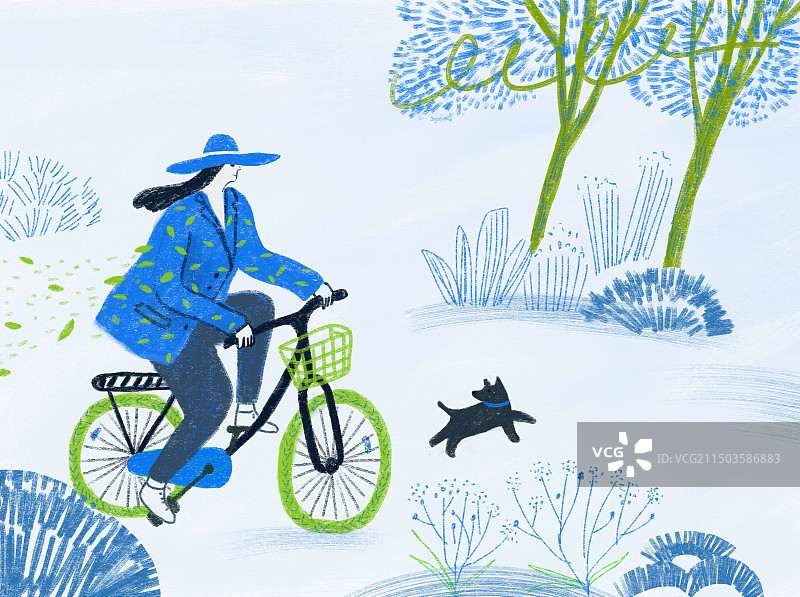户外骑自行车的少女和狗狗手绘插画图片素材