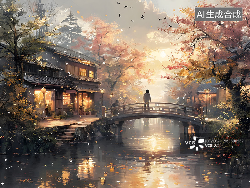 【AI数字艺术】枯藤老树小桥流水古道的诗歌意境图片素材