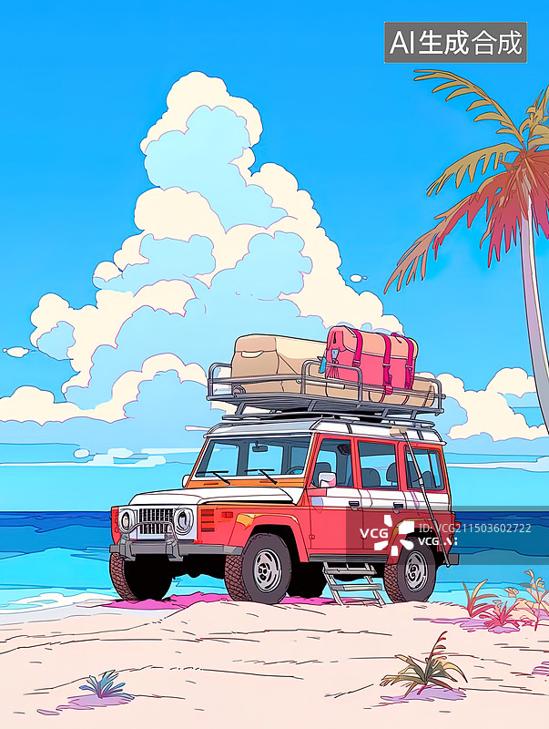 【AI数字艺术】在海滩上的露营车图片素材