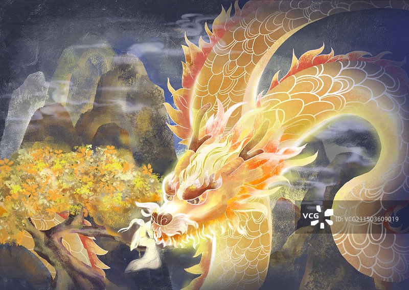 国风国潮龙生肖神仙意境山脉金色树祥云盘旋手绘插画图片素材