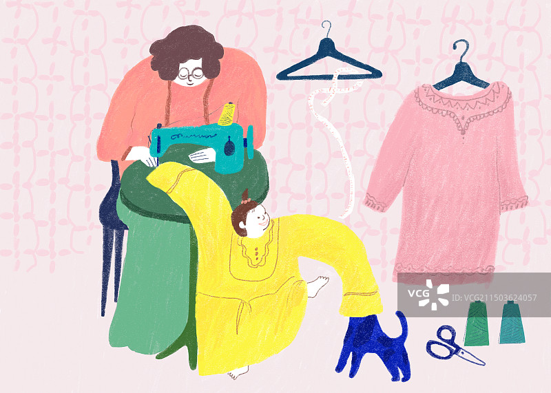 妈妈缝纫机做衣服的童年回忆插画图片素材