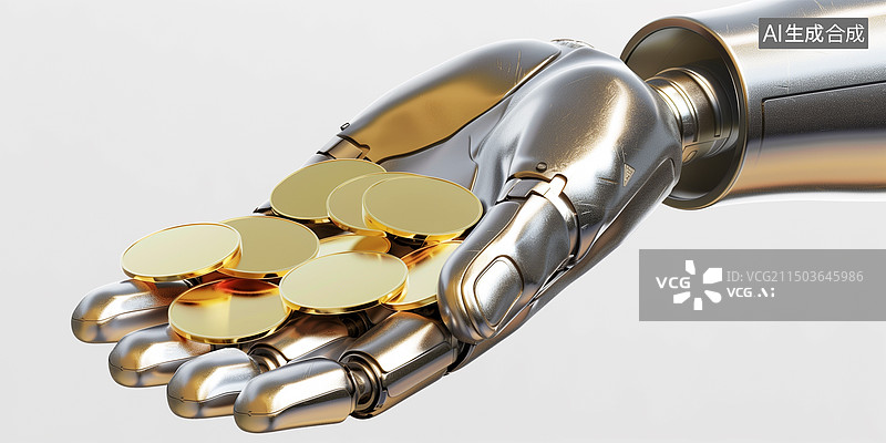 【AI数字艺术】白底张开的黑色机械手上的金币3D立体插画图片素材