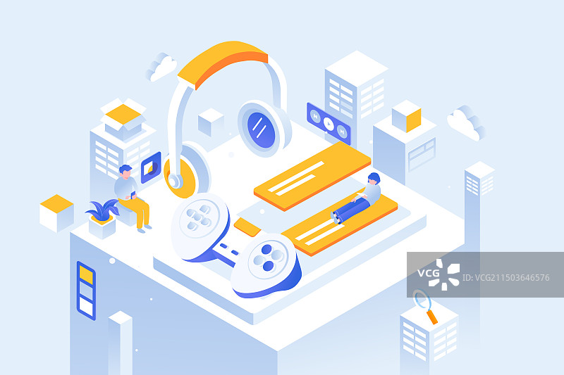 卡通2.5D等距金融6G科技商务教育网课学生娱乐休闲消费购物电商网购美食餐饮商城夏季游泳渐变矢量插画图片素材