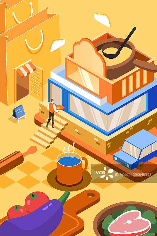 卡通2.5D等距金融6G科技商务教育网课学生娱乐休闲消费购物电商网购美食餐饮商城夏季游泳渐变矢量插画图片素材