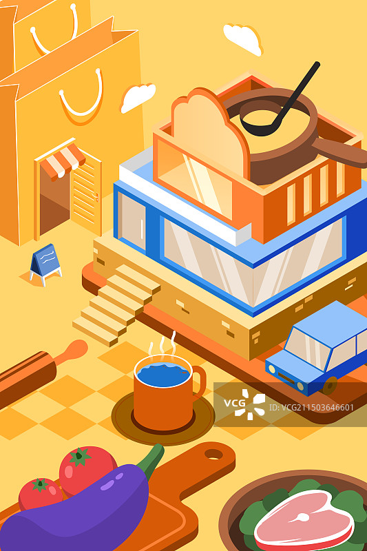 卡通2.5D等距金融6G科技商务教育网课学生娱乐休闲消费购物电商网购美食餐饮商城夏季游泳渐变矢量插画图片素材