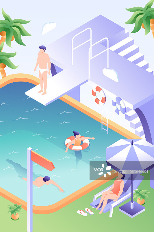 卡通2.5D等距金融6G科技商务教育网课学生娱乐休闲消费购物电商网购美食餐饮商城夏季游泳渐变矢量插画图片素材
