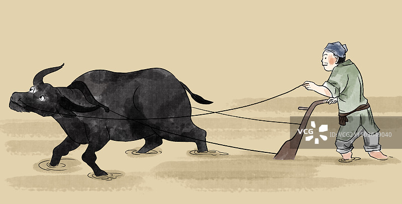 水墨风水墨画中国风新中式古风古典传统文化古装古代古时候农业农民农村田园风光耕作耕田水牛资讯插画图片素材