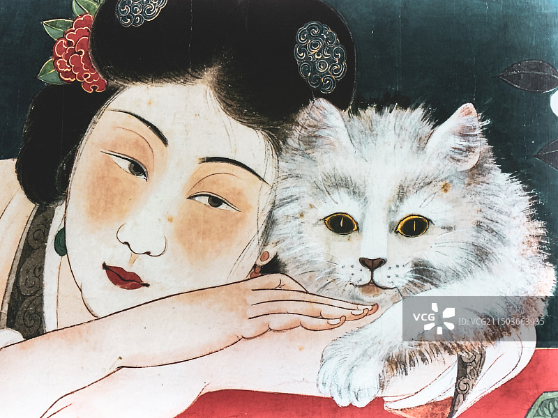古代绘画中的女人和猫图片素材