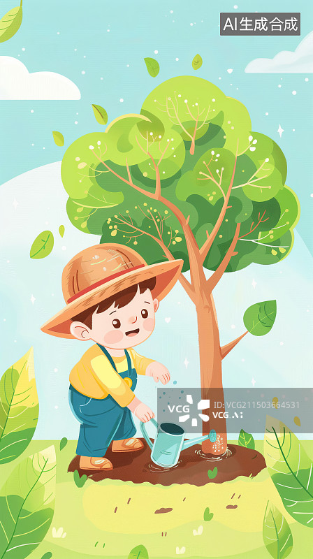 【AI数字艺术】植树节一个戴着草帽男孩在地里浇水种树图片素材